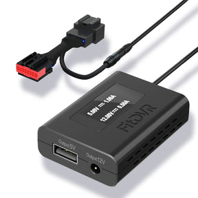 A black dash cam power adapter with a label 'FitDVR' on it, featuring a 16-pin connector for Ford vehicles and multiple output ports for various device connections.