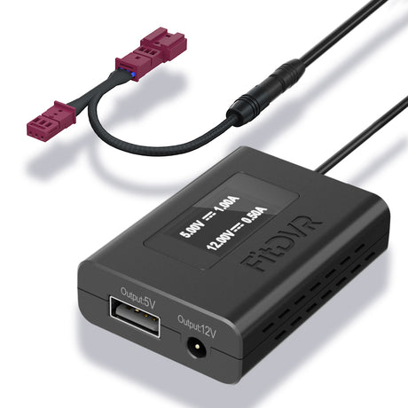 A black FitDVR dash cam power adapter with a USB and a 3.5mm cable, designed to connect to a vehicle's dashboard for power.