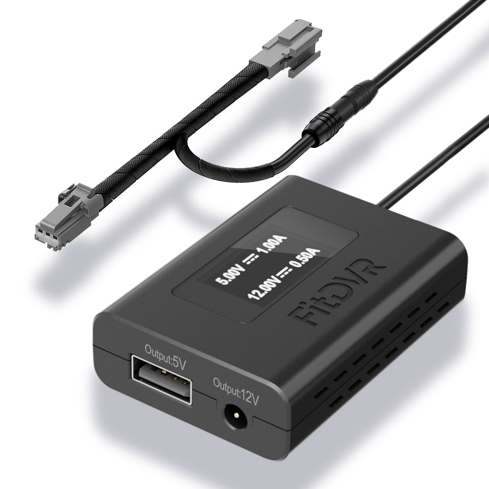 A black FitDVR dash cam power adapter with cables for Ford vehicles, featuring a USB and a 3.5mm DC output.