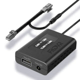 A black FitDVR dash cam power adapter with cables for Ford vehicles, featuring a USB and a 3.5mm DC output.