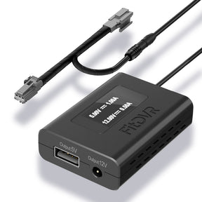A black FitDVR dash cam power adapter with cables for Ford vehicles, featuring a USB and a 3.5mm DC output.