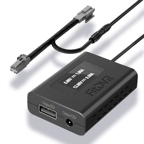 A black FitDVR dash cam power adapter with cables for Ford vehicles, featuring a USB and a 3.5mm DC output.