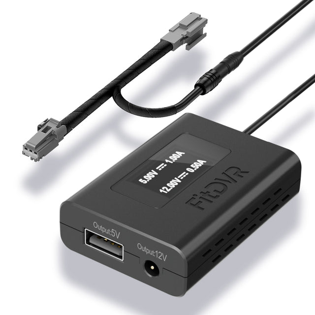 A black FitDVR dash cam power adapter with cables for Ford vehicles, featuring a USB and a 3.5mm DC output.