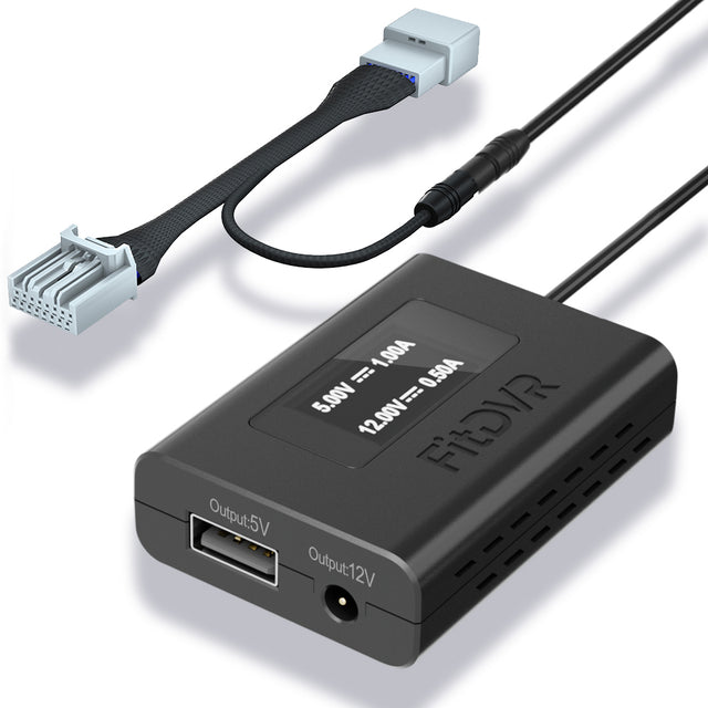 A black fitdvr dash cam power adapter with a 16-pin connector designed for Honda vehicles, including various cables and a connector.
