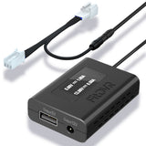 A black FitDVR dash cam power adapter with a 3-pin connector, alongside various cables including USB and DC3.5mm, against a white background.