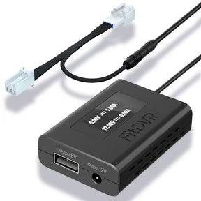 A black FitDVR dash cam power adapter with a 3-pin connector, alongside various cables including USB and DC3.5mm, against a white background.