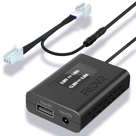 A black FitDVR dash cam power adapter with a 3-pin connector, alongside various cables including USB and DC3.5mm, against a white background.