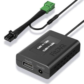 A black FitDVR dash cam power adapter with a 7-pin connector for Honda and Acura vehicles with auto-dimming rearview mirror.