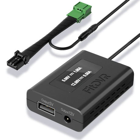 A black FitDVR dash cam power adapter with a 7-pin connector for Honda and Acura vehicles with auto-dimming rearview mirror.