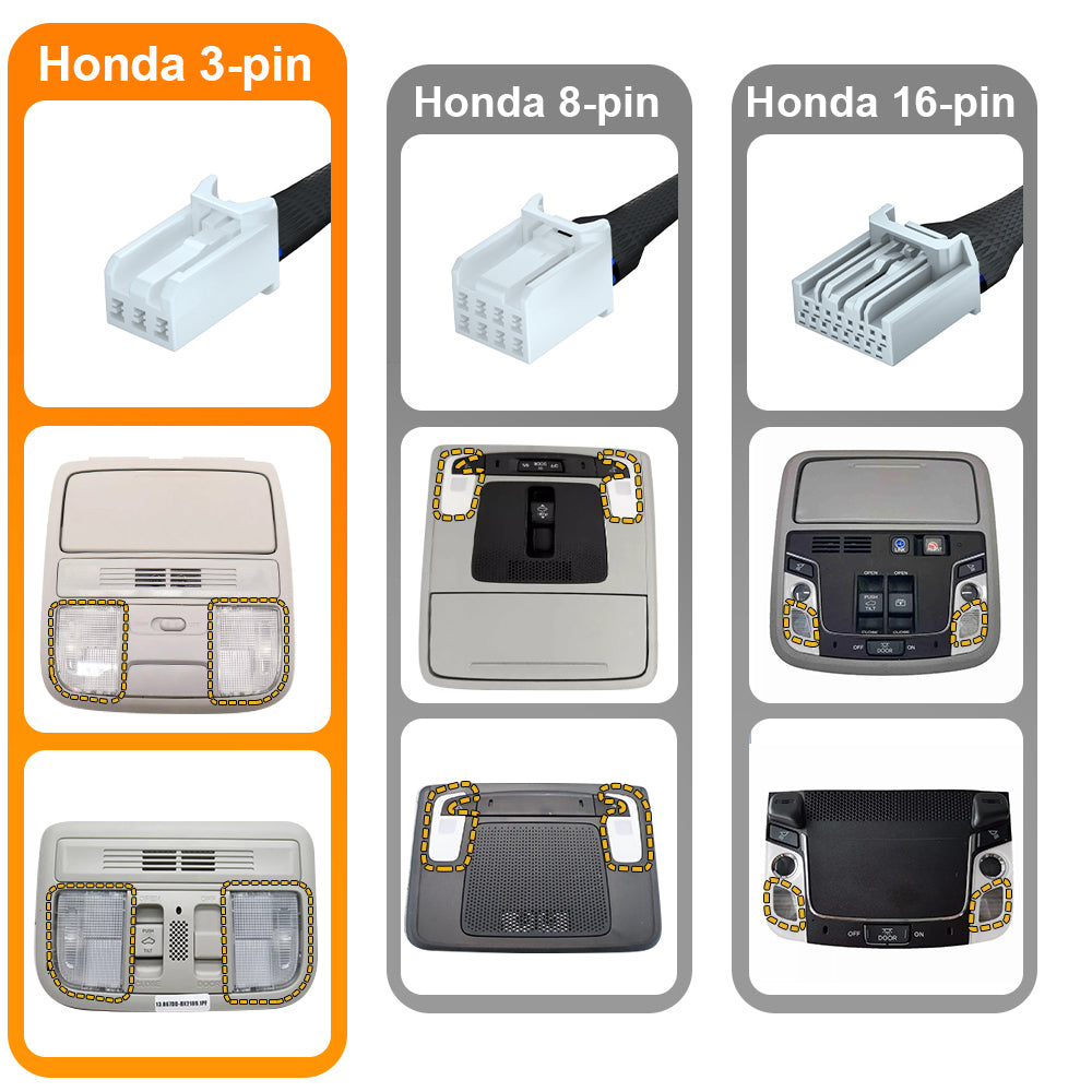 showcasing 3 different connector plugs from different overhead consoles of Honda models. 3-pin, 8-pin and 16-pin.