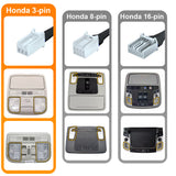 showcasing 3 different connector plugs from different overhead consoles of Honda models. 3-pin, 8-pin and 16-pin.