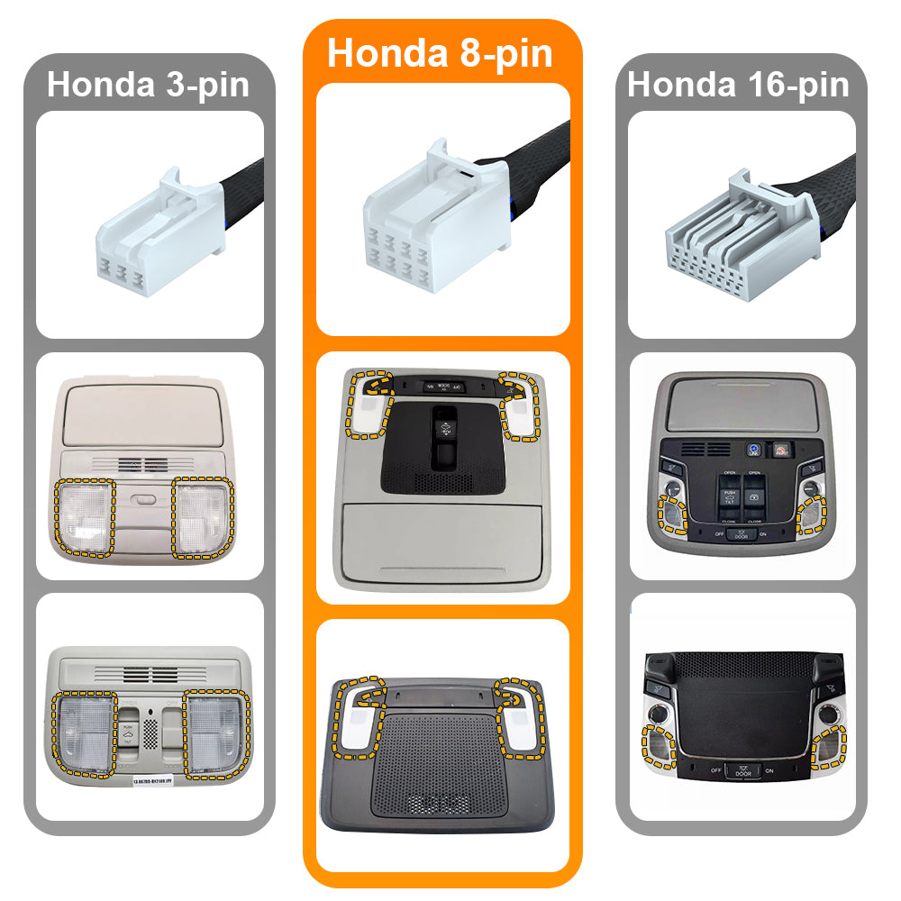 showcasing 3 different connector plugs from different overhead consoles of Honda models. 3-pin, 8-pin and 16-pin.