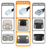 showcasing 3 different connector plugs from different overhead consoles of Honda models. 3-pin, 8-pin and 16-pin.
