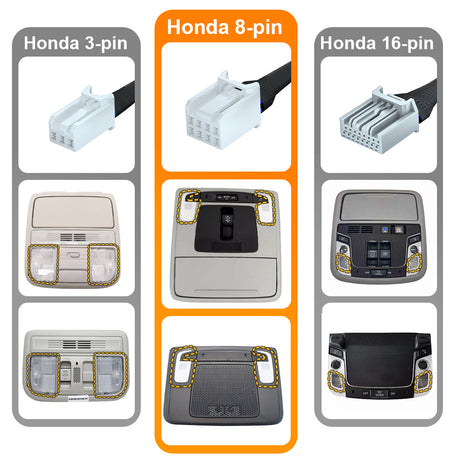 showcasing 3 different connector plugs from different overhead consoles of Honda models. 3-pin, 8-pin and 16-pin.