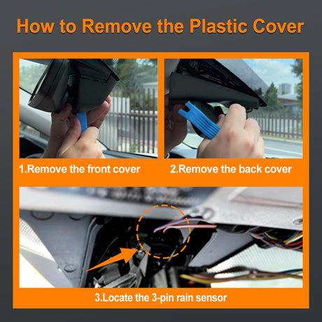Step-by-step guide on how to remove a plastic cover from a car's rain sensor.