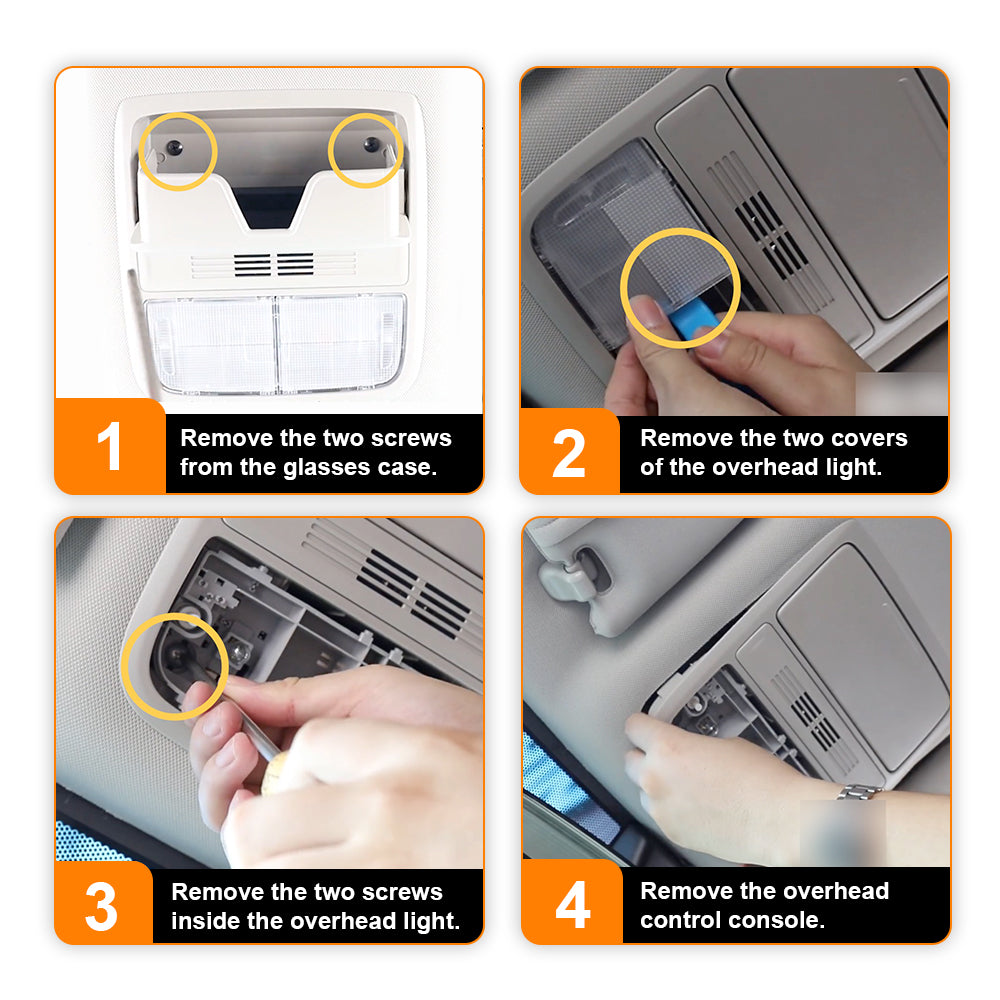 Step-by-step guide on removing components from a car's overhead console.