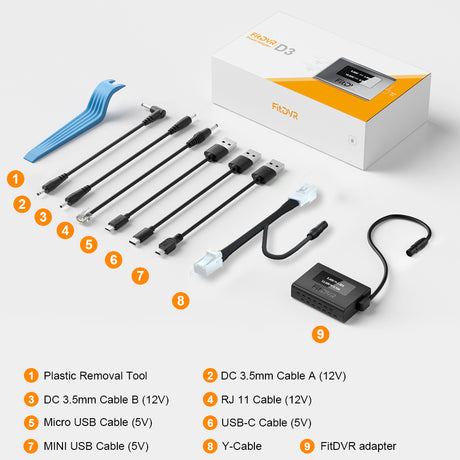 Set of cables and tools with a FitDVR adapter, including a plastic removal tool and various cable types, on a white background.