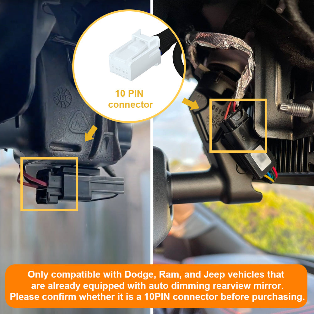 Jeep, RAM and Dodge vehicles with auto-dimming rearview mirror has a 10-pin connector