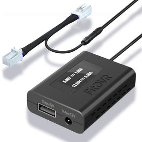 A black FitDVR dash cam power adapter with a connector for Mazda vehicles and various output ports for different devices.