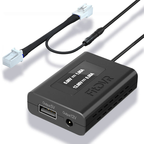 A black FitDVR dash cam power adapter with a connector for Mazda vehicles and various output ports for different devices.