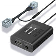 A black FitDVR dash cam power adapter with a 10-pin connector designed for Mazda vehicles with sunroof, including cables and a LED display.