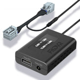 A black FitDVR dash cam power adapter with a 10-pin connector designed for Mazda vehicles with sunroof, including cables and a LED display.