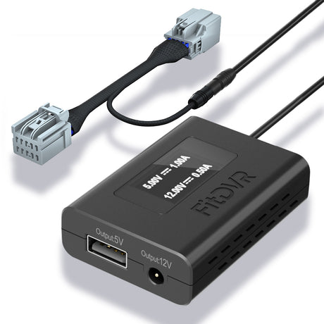 A black FitDVR dash cam power adapter with a 10-pin connector designed for Mazda vehicles with sunroof, including cables and a LED display.