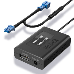 A black FitDVR dash cam power adapter with blue connectors and various cables, designed to connect to a rain sensor and power USB devices.