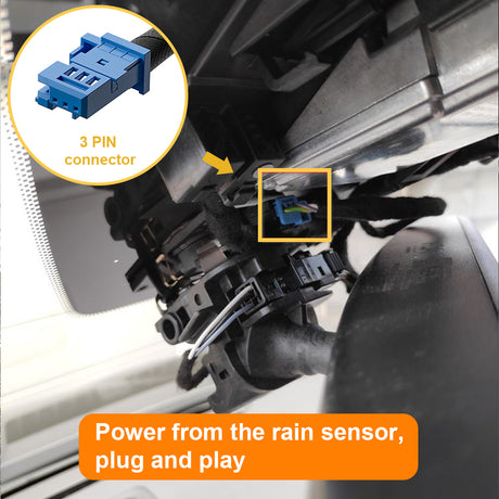 a picture shows a 3-pin blue rain sensor connector that most Peugeot, Citroen and DS model has.