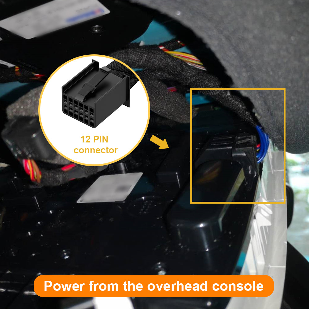 picture shows the Porsche 12-pin connector's loaction, power from overhead console.