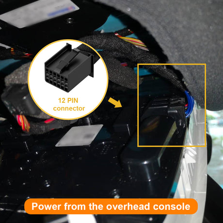 picture shows the Porsche 12-pin connector's loaction, power from overhead console.