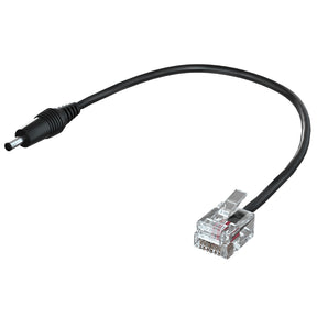 An RJ11 cable for radar detector, black in color with one end being an RJ11 connector and the other end a DC power input connector.