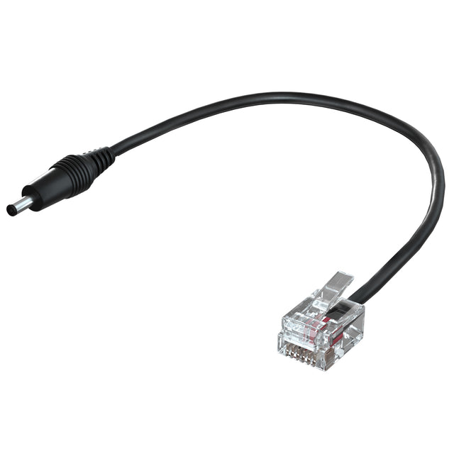 An RJ11 cable for radar detector, black in color with one end being an RJ11 connector and the other end a DC power input connector.