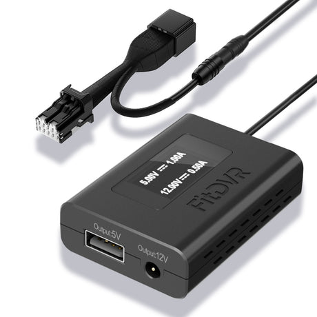 A black FitDVR dash cam power adapter with 10-pin connector, against a white background.