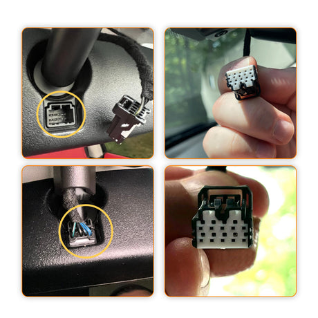 the auto-dimming rearview mirror 10-pin connector plug's location and looks, the front and back wires and pins. the connector port.