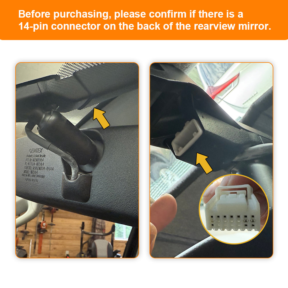 Two images showing a car rearview mirror with a 14-pin connector