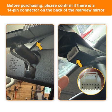 Two images showing a car rearview mirror with a 14-pin connector