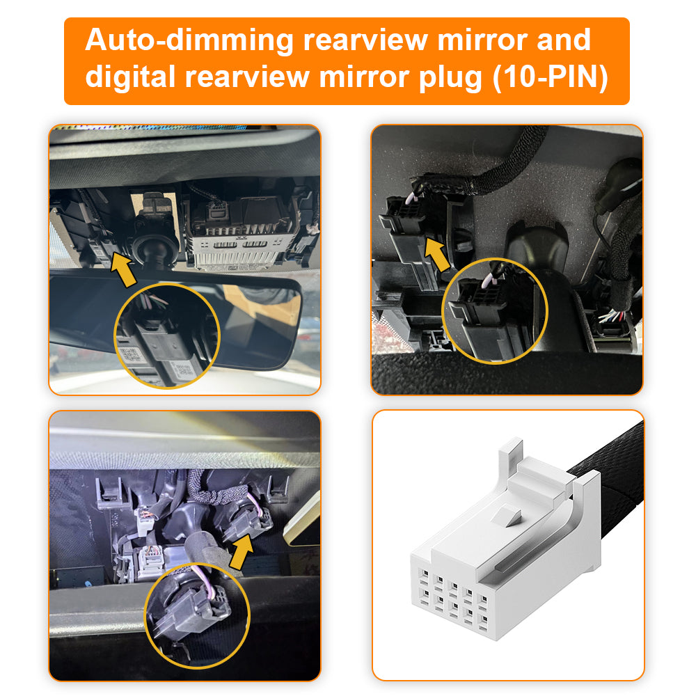 picture shows Toyota/Lexus's auto-dimming rearview mirror 10-pin connector plug's different locations