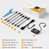 Set of cables and tools with a FitDVR adapter, including a plastic removal tool and various cable types, on a white background.