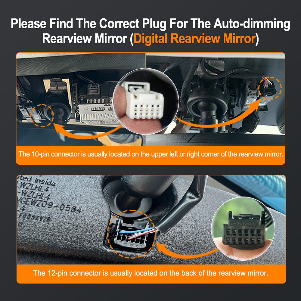 Instructions for finding the correct plug for an auto-dimming rearview mirror with connectors shown.