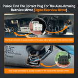 Instructions for finding the correct plug for an auto-dimming rearview mirror with connectors shown.