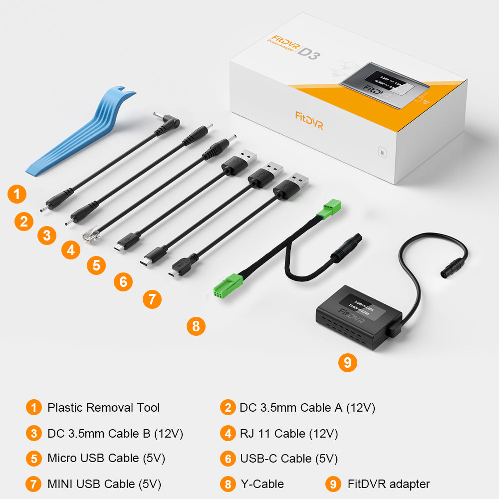 Set of cables and tools with a FitDVR adapter, including a plastic removal tool and various cable types, on a white background.