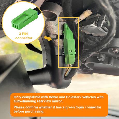 3-pin green connector plug from Volvo/Polestar models with auto-dimming rearview mirror. 