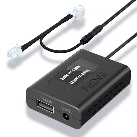 A black fitdvr dash cam power adapter, featuring a 3-pin rain sensor connector and various output ports for USB and DC3.5mm cables.
