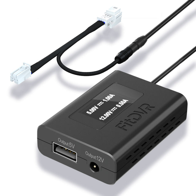 A black fitdvr dash cam power adapter, featuring a 3-pin rain sensor connector and various output ports for USB and DC3.5mm cables.