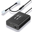 A black dash cam power adapter with a label 'FitDVR' on it, featuring a rain sensor 4-pin connector and various output ports for USB and DC3.5mm cables.