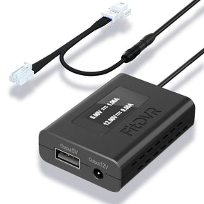 A black dash cam power adapter with a label 'FitDVR' on it, featuring a rain sensor 4-pin connector and various output ports for USB and DC3.5mm cables.