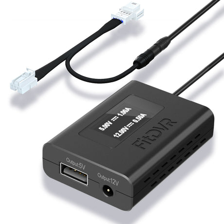 A black dash cam power adapter with a label 'FitDVR' on it, featuring a rain sensor 4-pin connector and various output ports for USB and DC3.5mm cables.