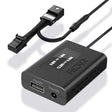 Black power adapter with multiple output ports on a white background