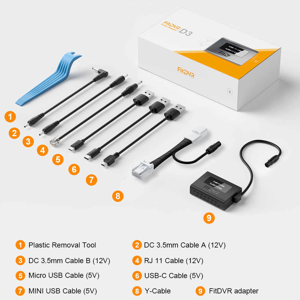 FIDVR product set with various cables and adapter on a white background